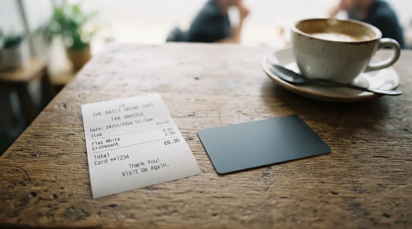 A receipt and a card on a café table