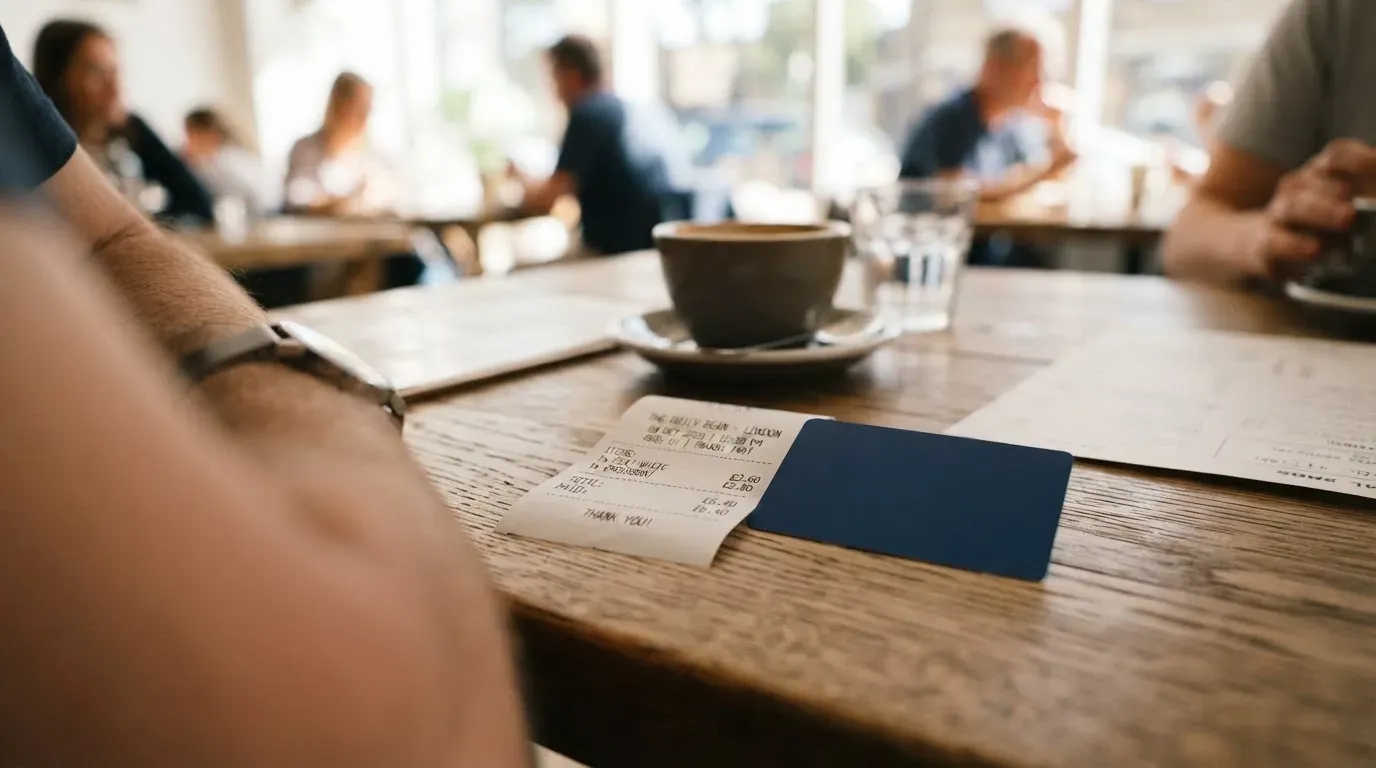 A receipt and a card on a café table