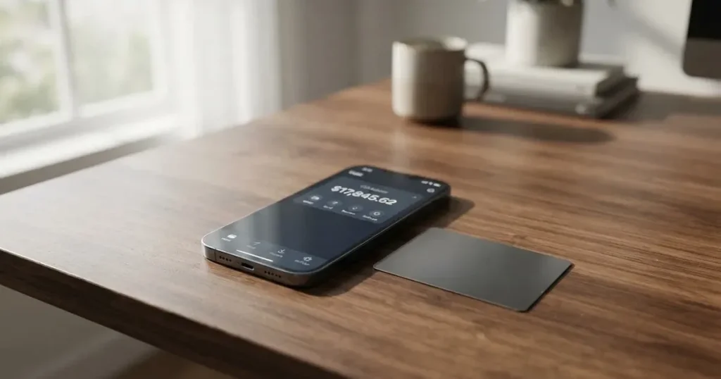 A payment card next to a phone with a crypto wallet app open