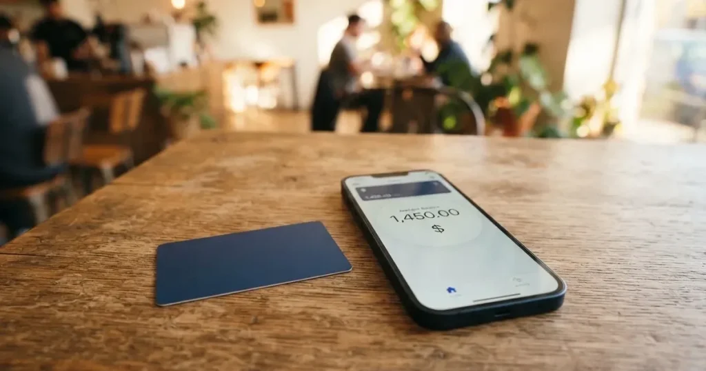 A payment card next to a phone with a crypto wallet app open