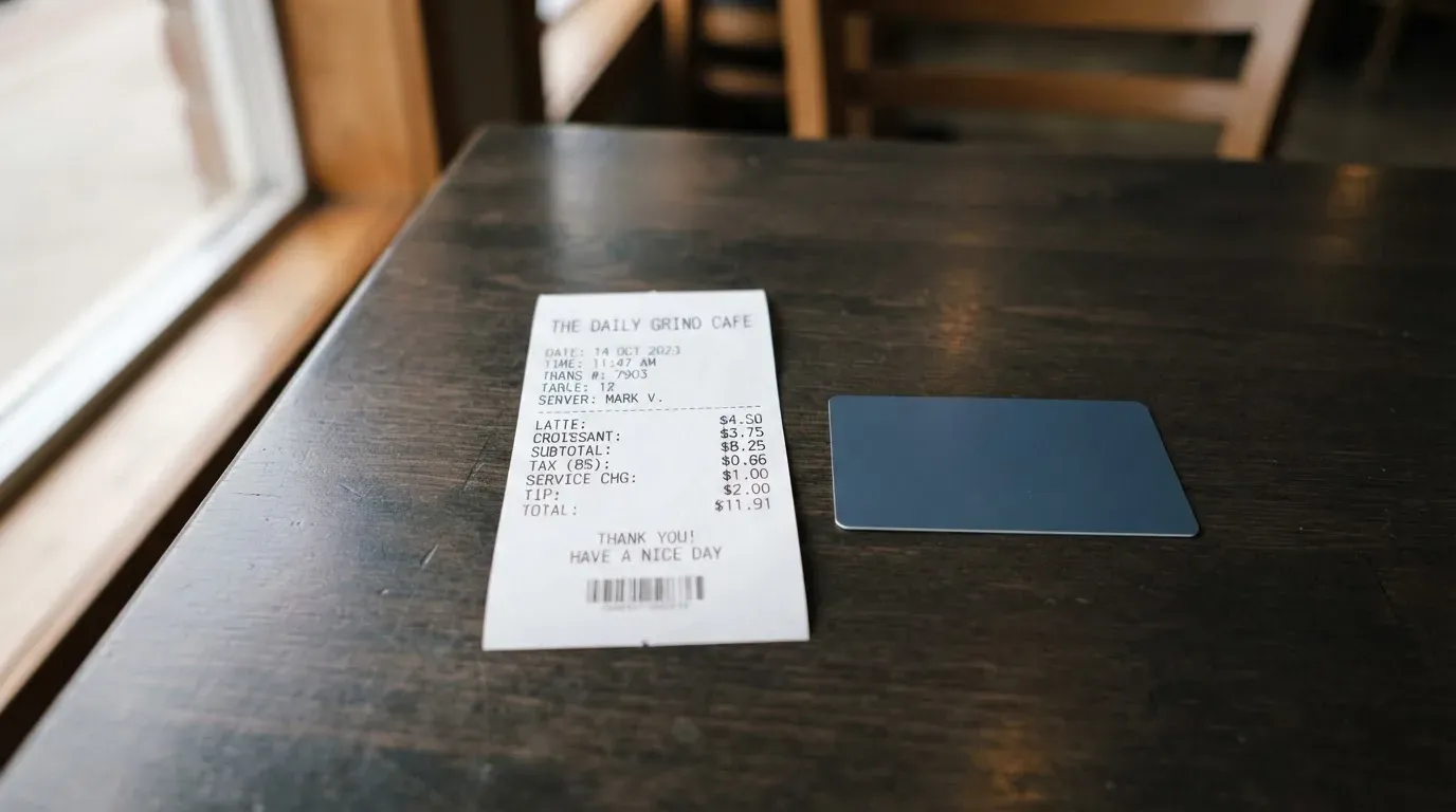 A receipt and a card on a café table