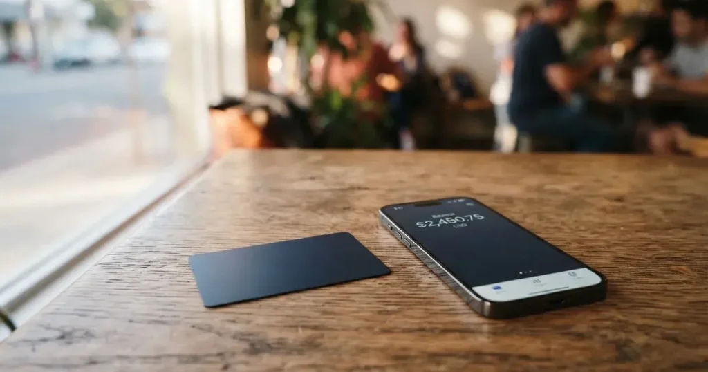 A payment card next to a phone with a crypto wallet app open