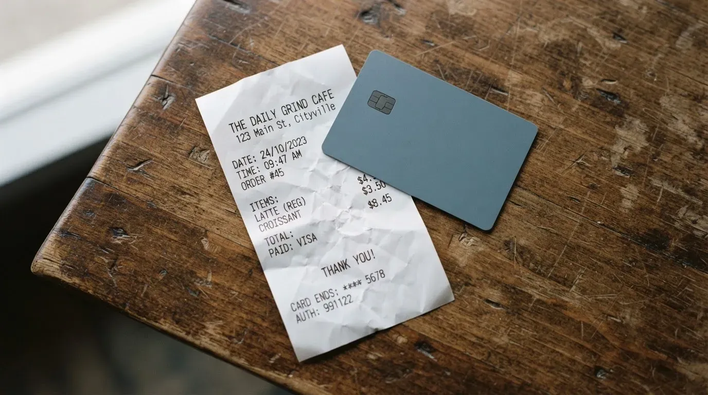 A receipt and a card on a café table
