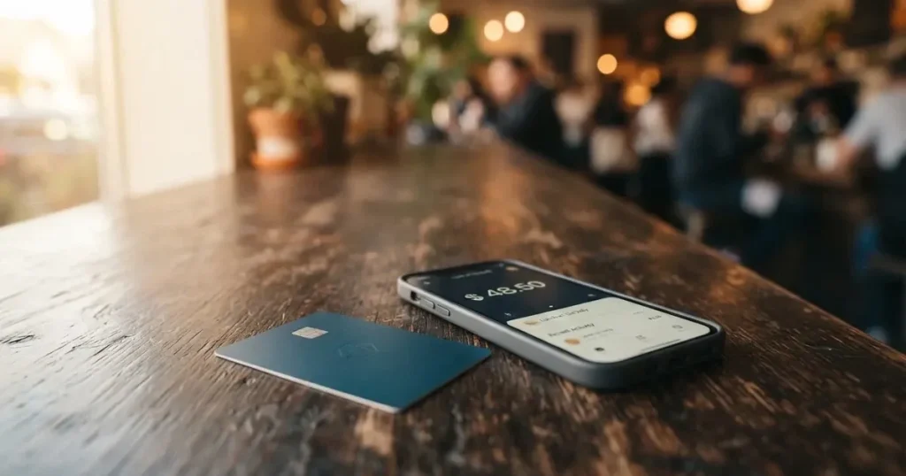 A payment card next to a phone with a crypto wallet app open