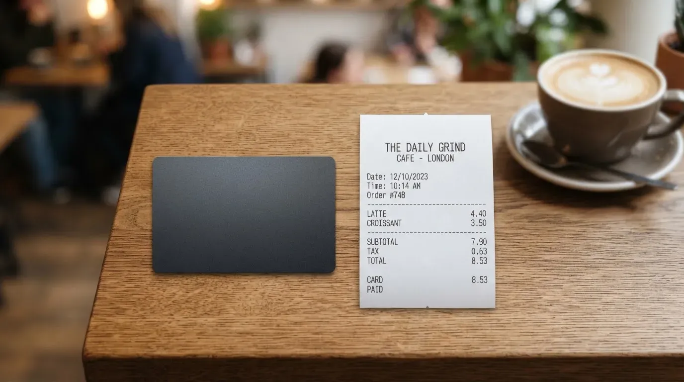 A receipt and a card on a café table