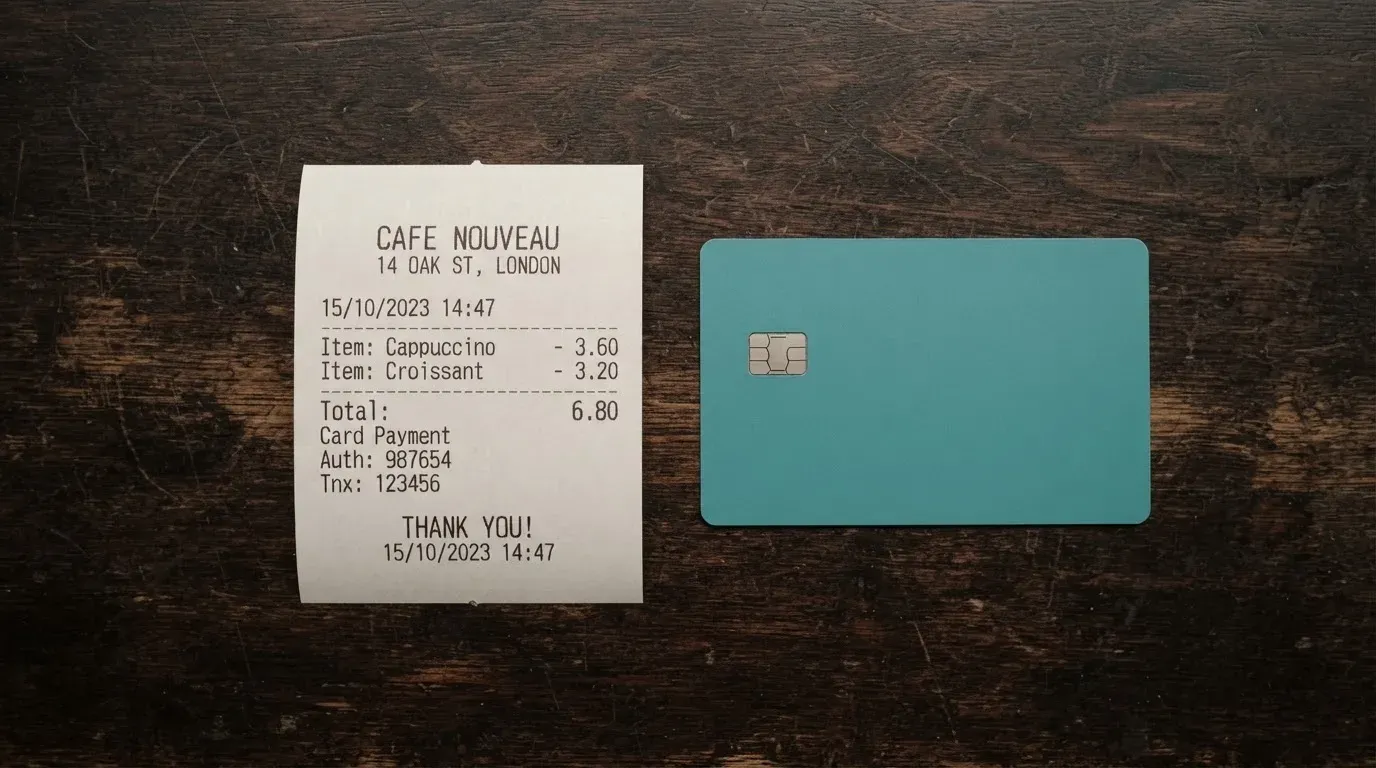 A receipt and a card on a café table