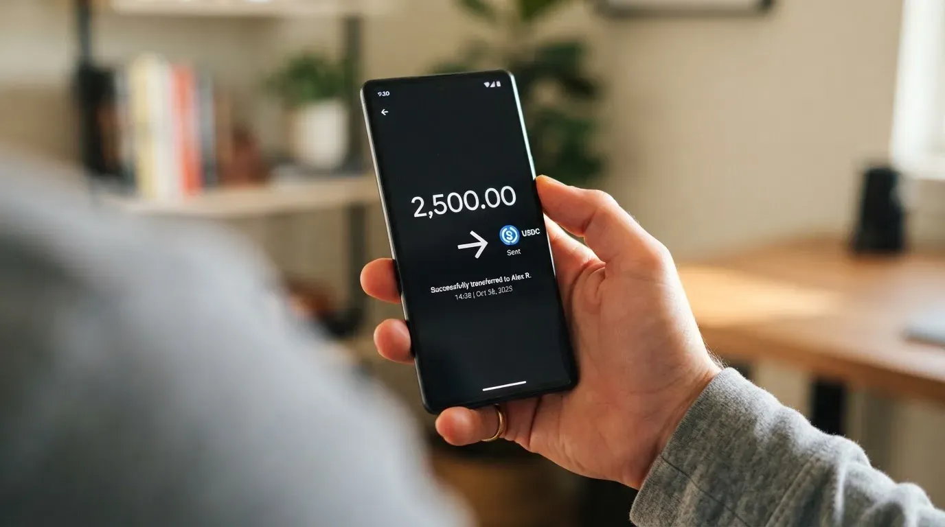 A phone showing a stablecoin transfer screen