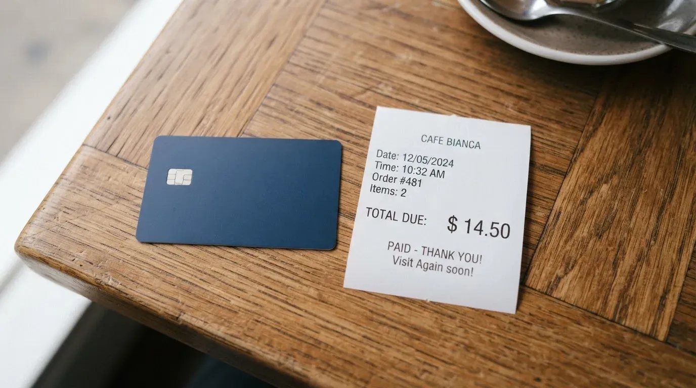 A receipt and a card on a café table
