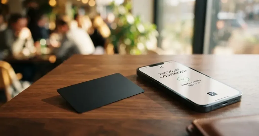 A payment card next to a phone with a crypto wallet app open