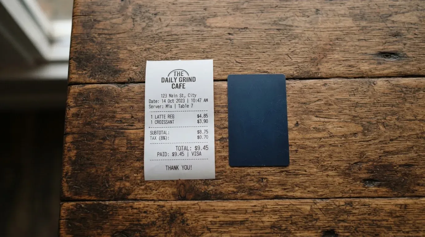 A receipt and a card on a café table