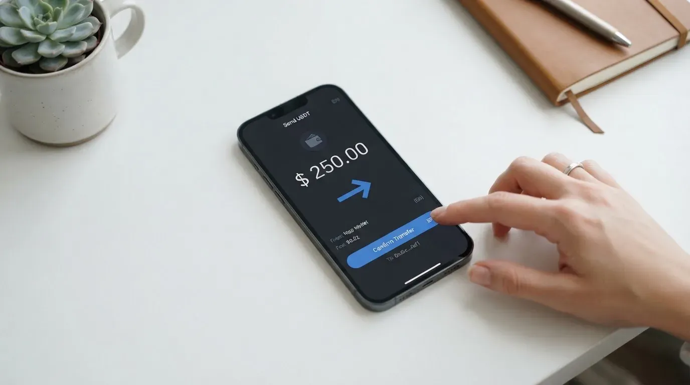 A phone showing a stablecoin transfer screen