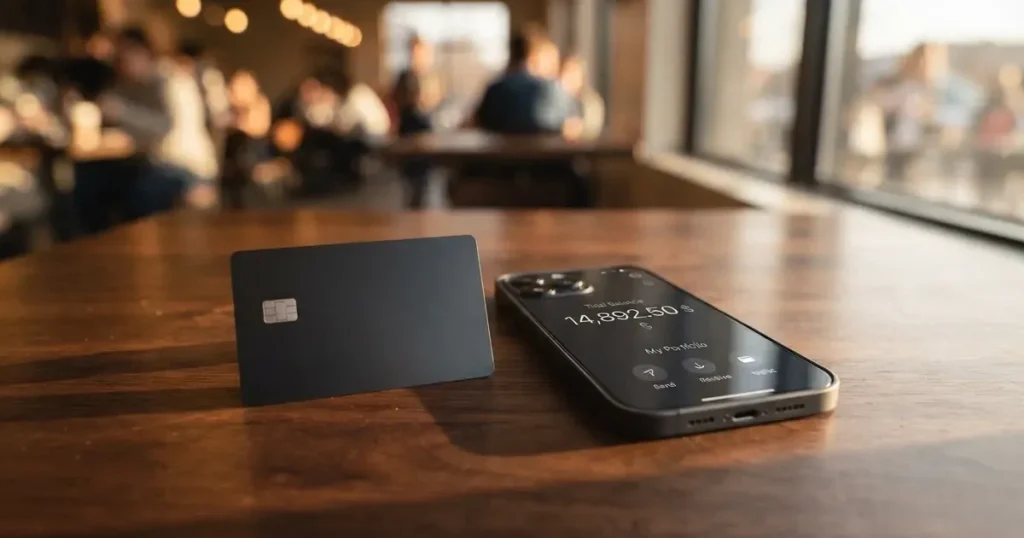 A payment card next to a phone with a crypto wallet app open