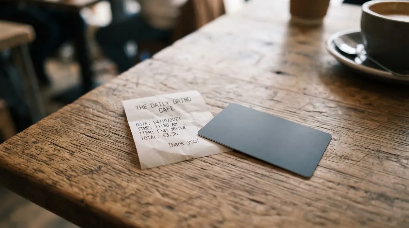 A receipt and a card on a café table