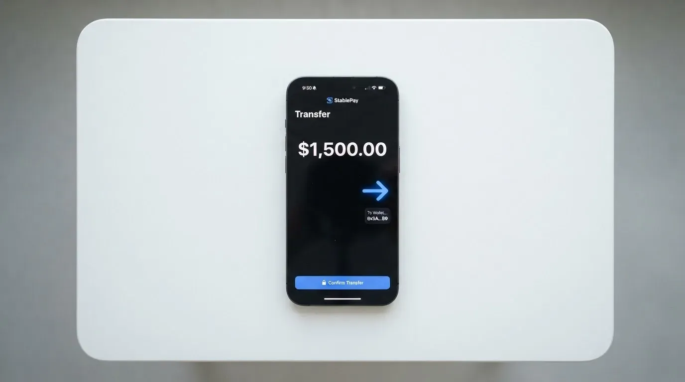 A phone showing a stablecoin transfer screen