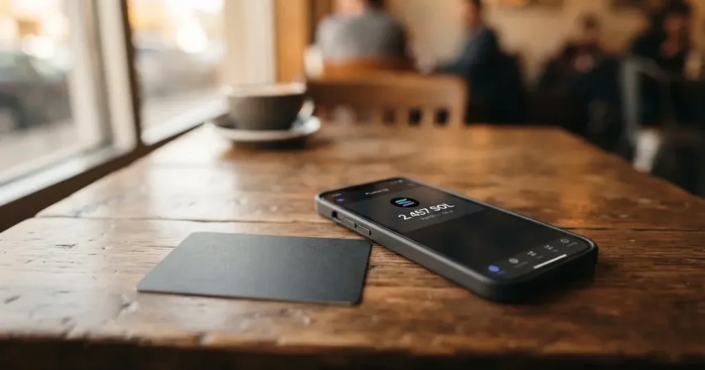 A payment card next to a phone with a crypto wallet app open