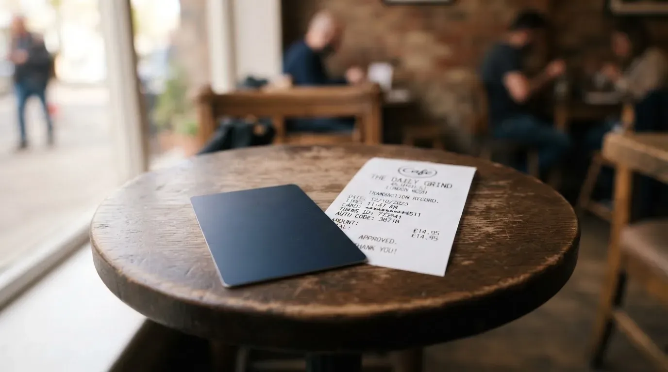 A receipt and a card on a café table
