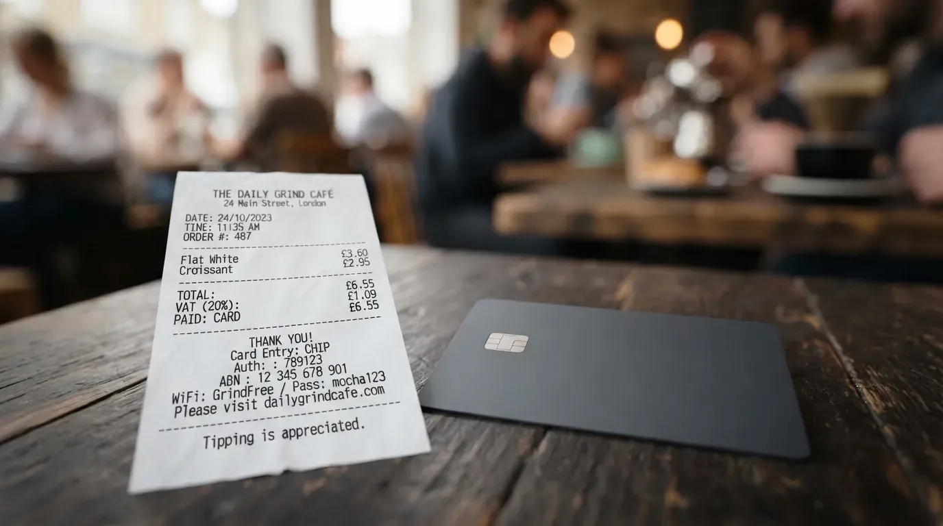 A receipt and a card on a café table