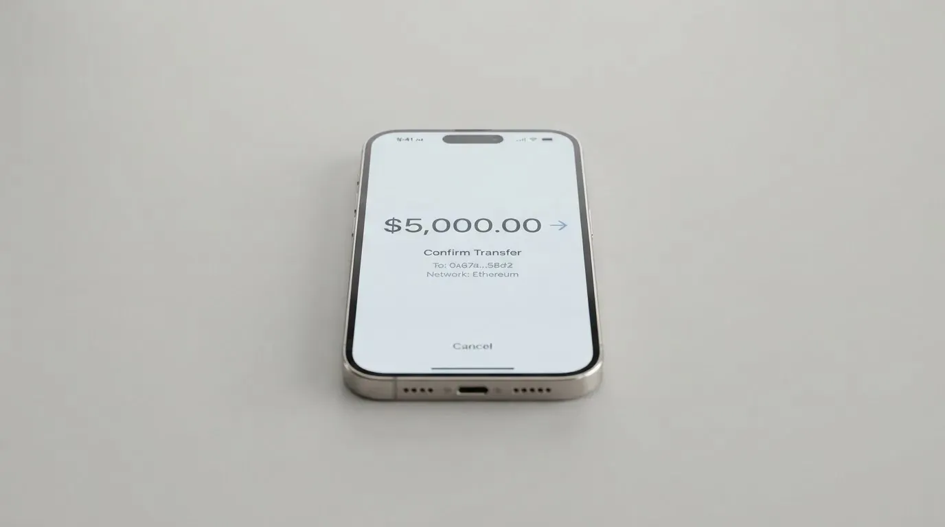A phone showing a stablecoin transfer screen