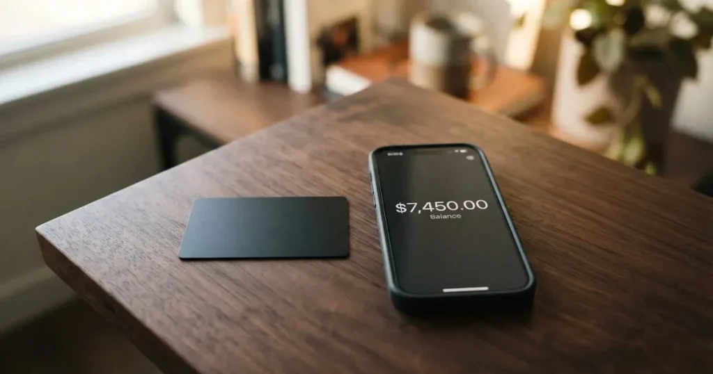 A payment card next to a phone with a crypto wallet app open
