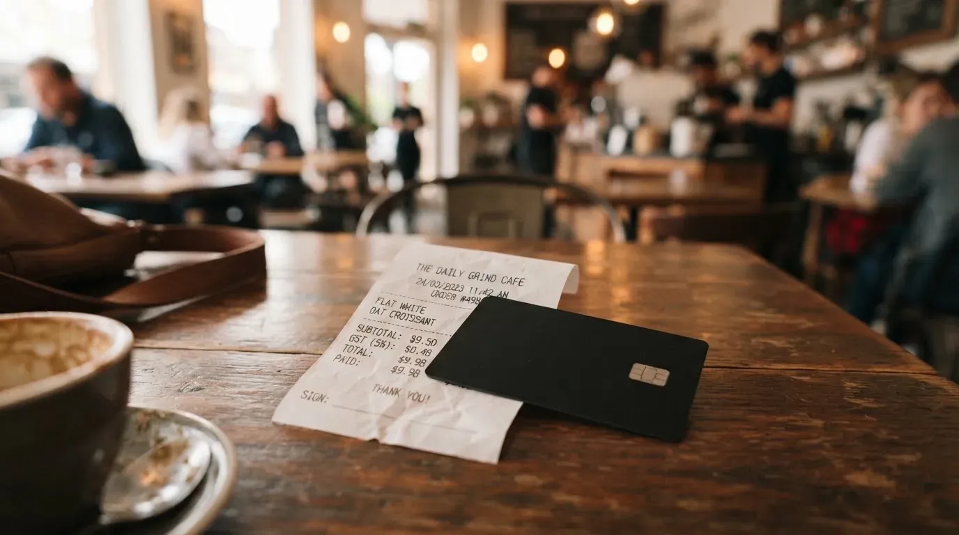 A receipt and a card on a café table