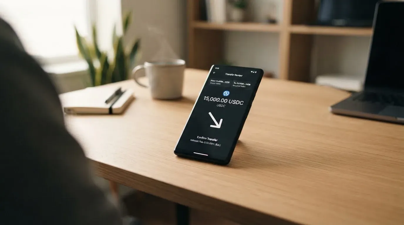 A phone showing a stablecoin transfer screen