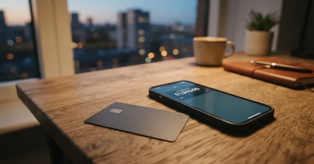 A payment card next to a phone with a crypto wallet app open