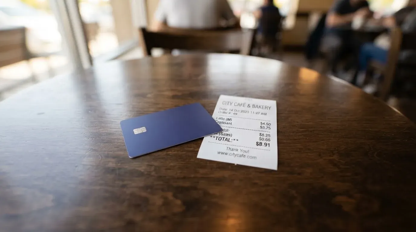 A receipt and a card on a café table