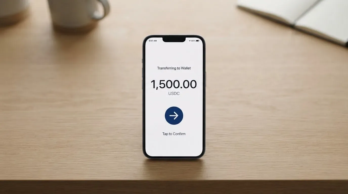 A phone showing a stablecoin transfer screen