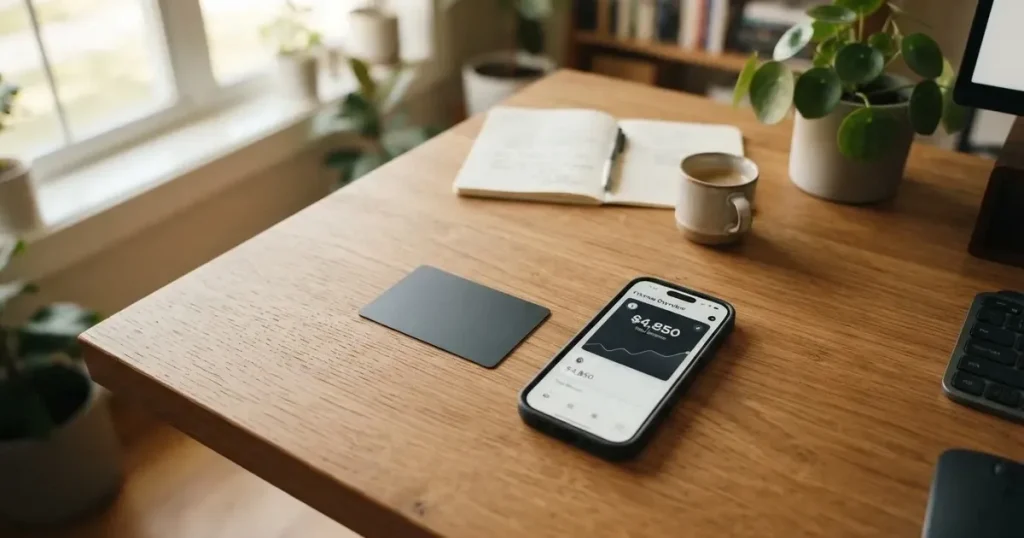 A payment card next to a phone with a crypto wallet app open