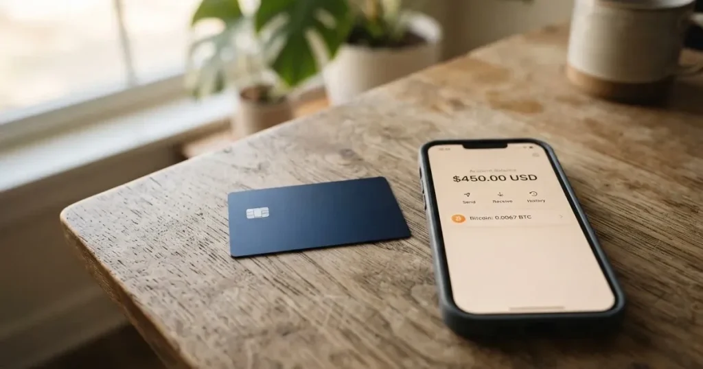 A payment card next to a phone with a crypto wallet app open