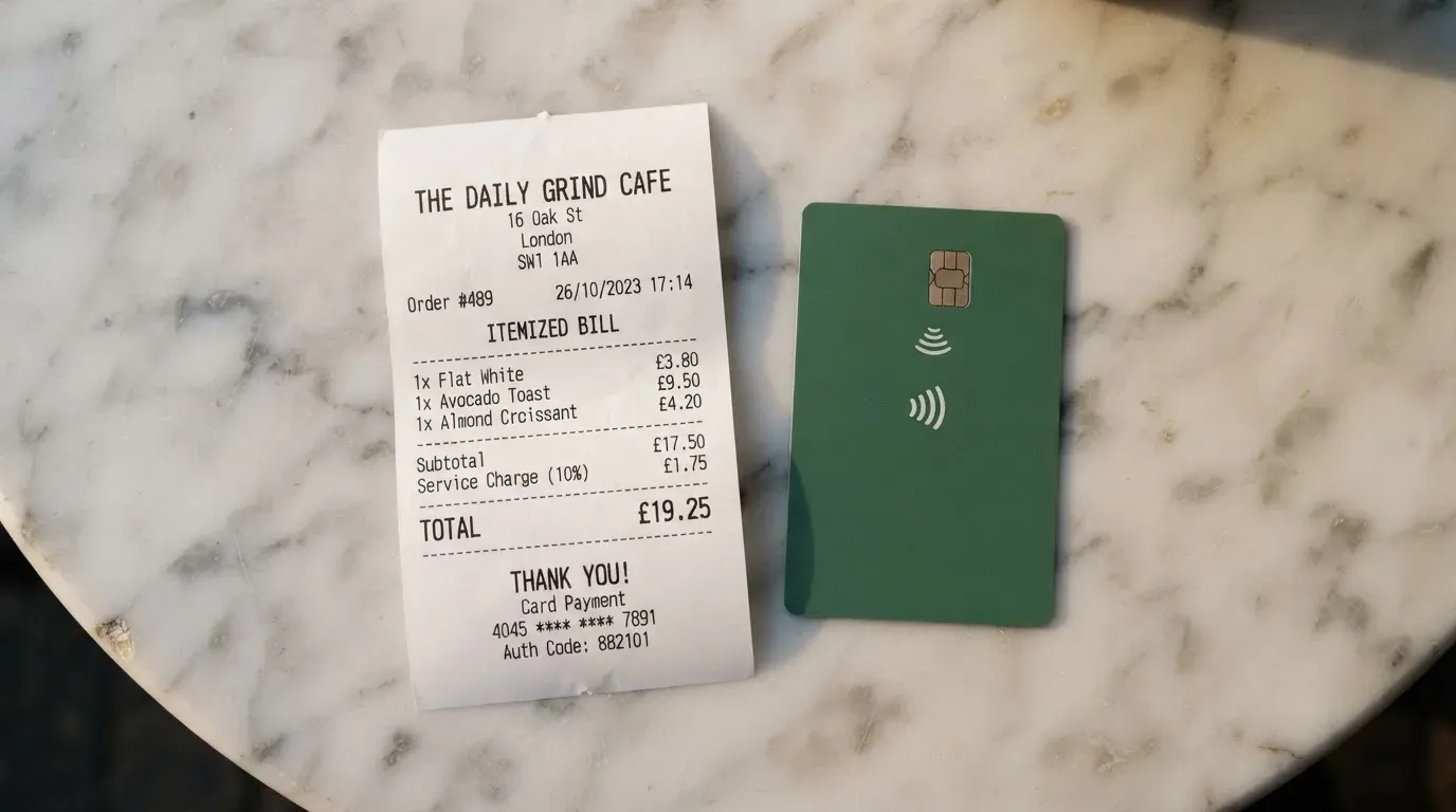 A receipt and a card on a café table