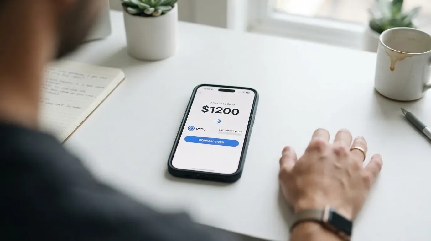 A phone showing a stablecoin transfer screen