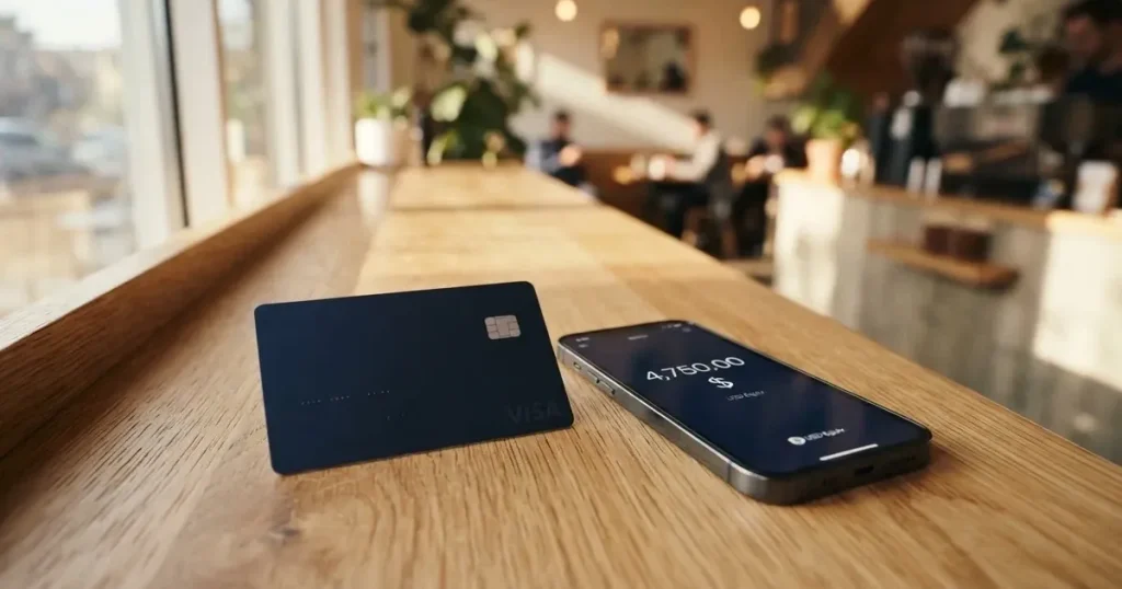 A payment card next to a phone with a crypto wallet app open