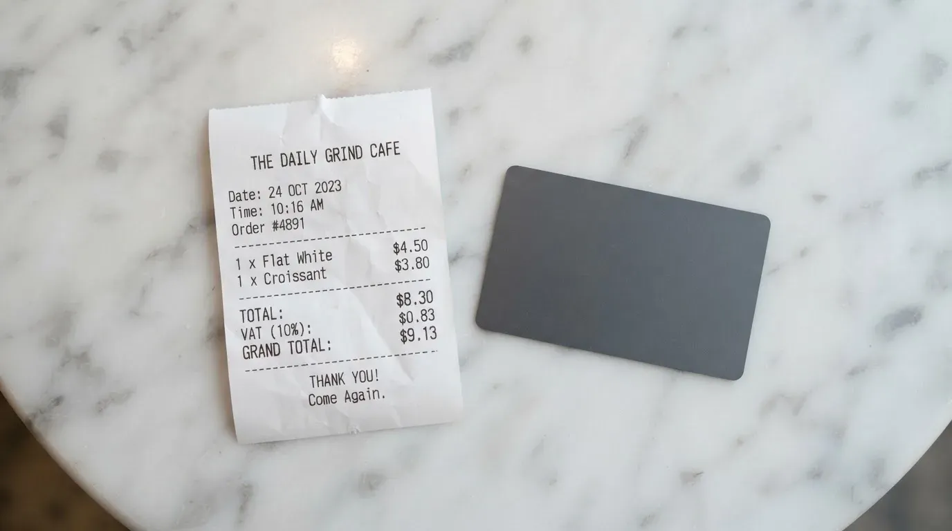A receipt and a card on a café table
