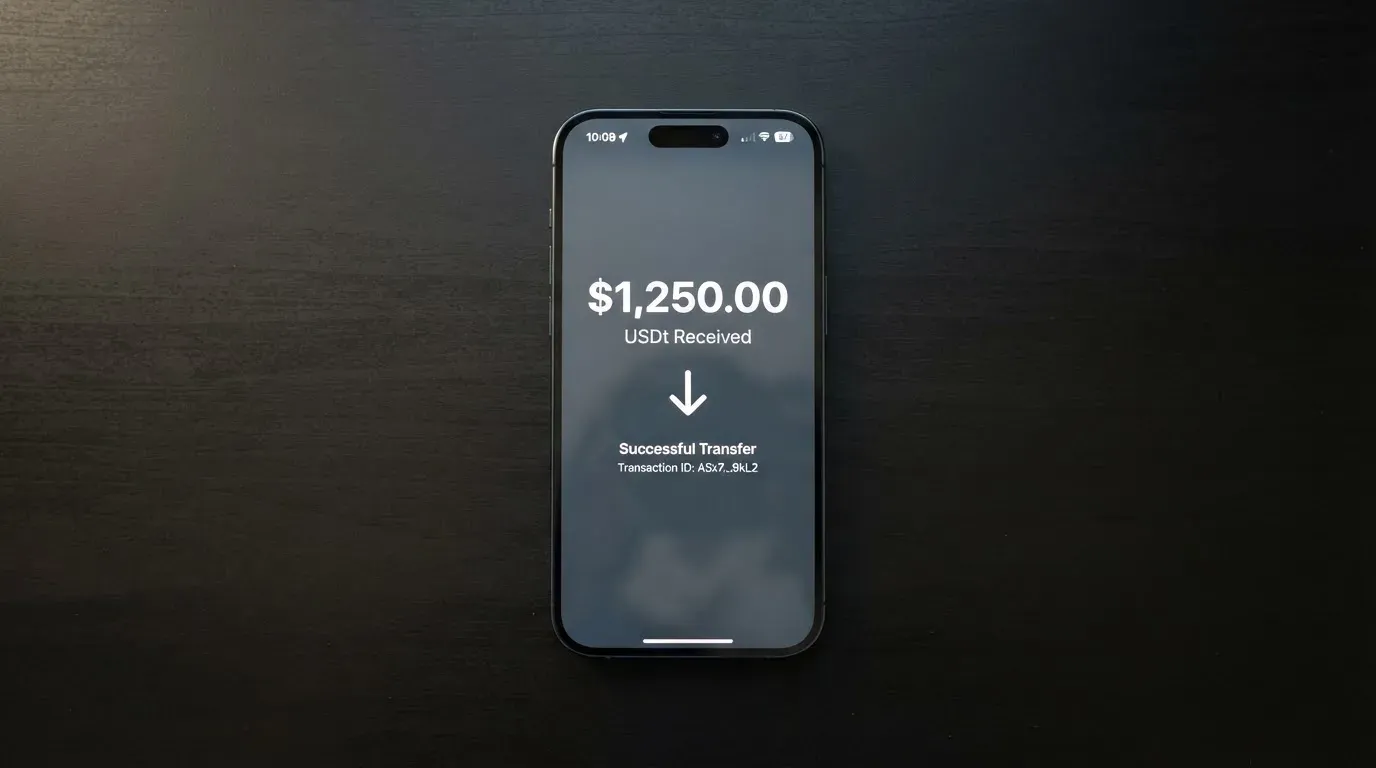 A phone showing a stablecoin transfer screen