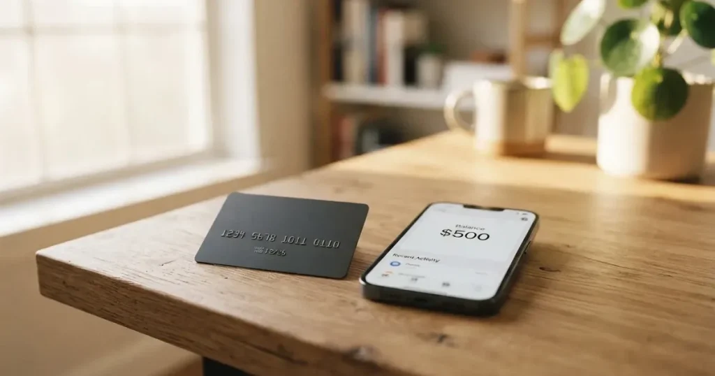 A payment card next to a phone with a crypto wallet app open