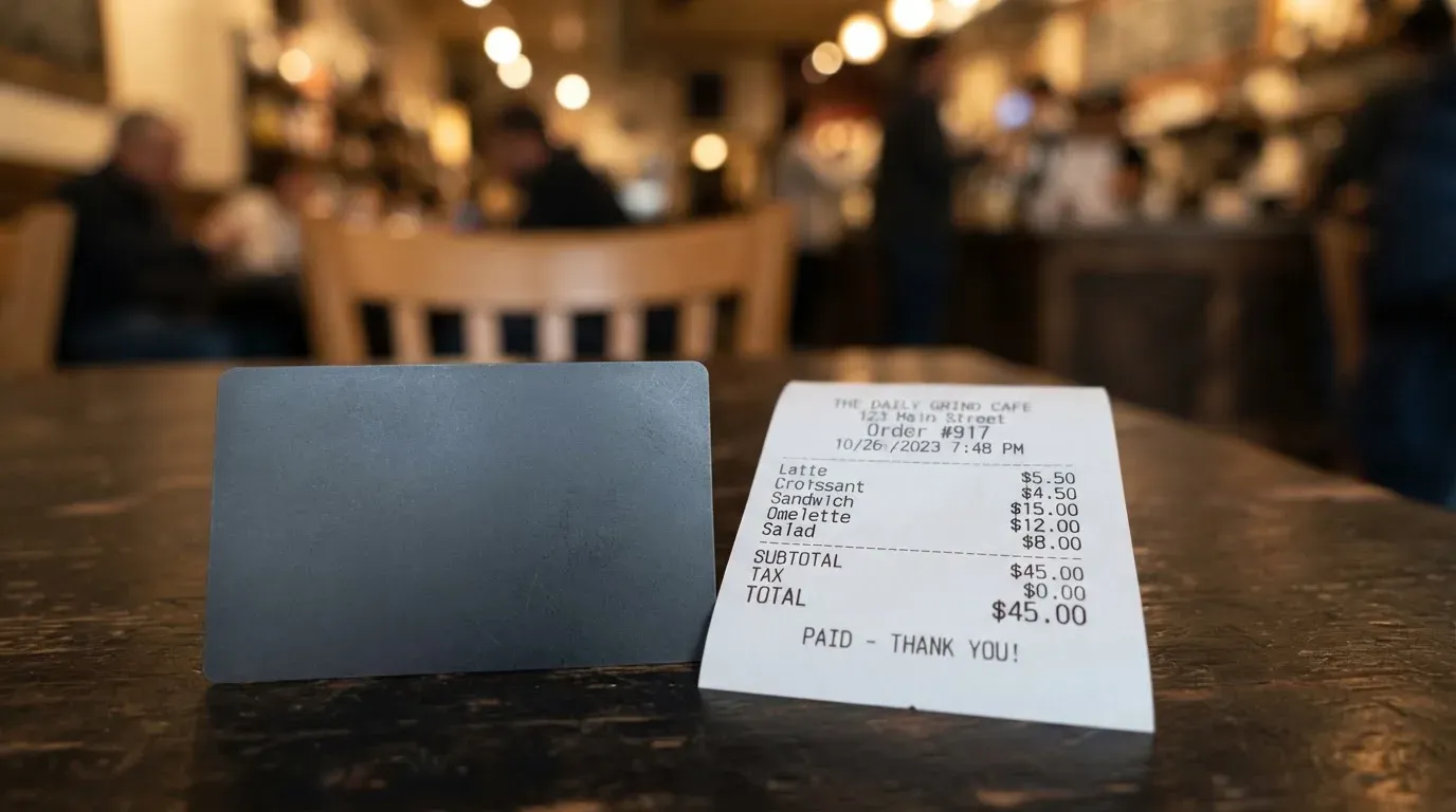 A receipt and a card on a café table