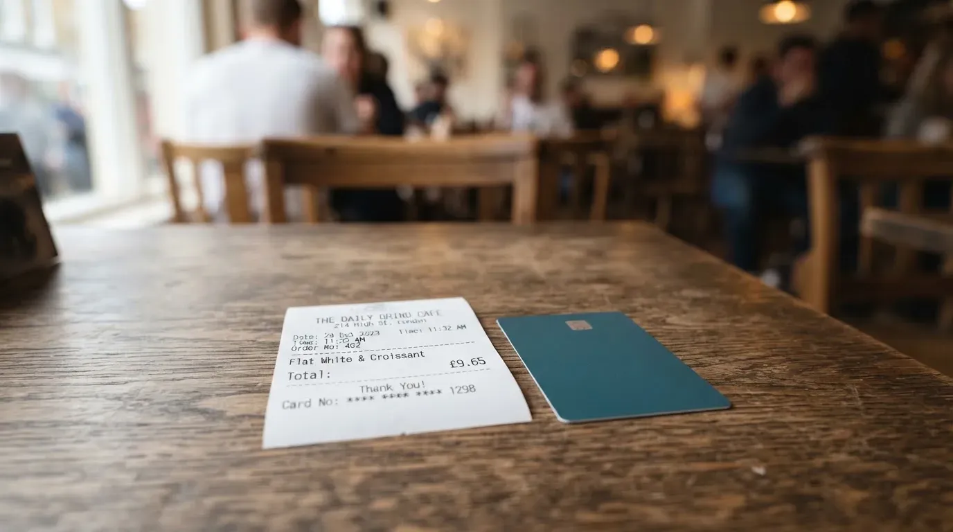 A receipt and a card on a café table