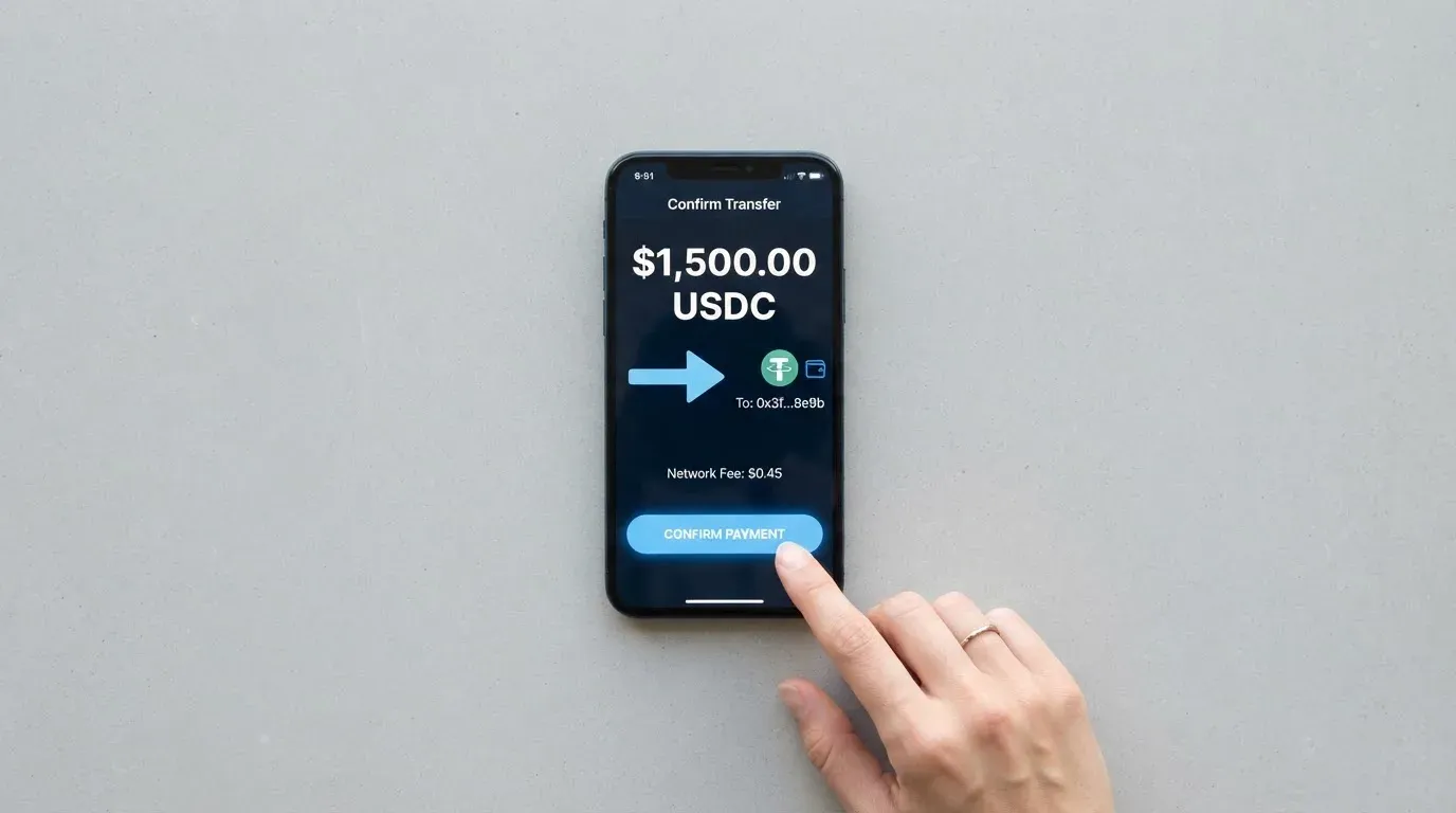 A phone showing a stablecoin transfer screen