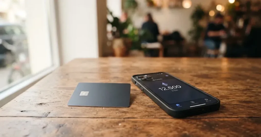 A payment card next to a phone with a crypto wallet app open