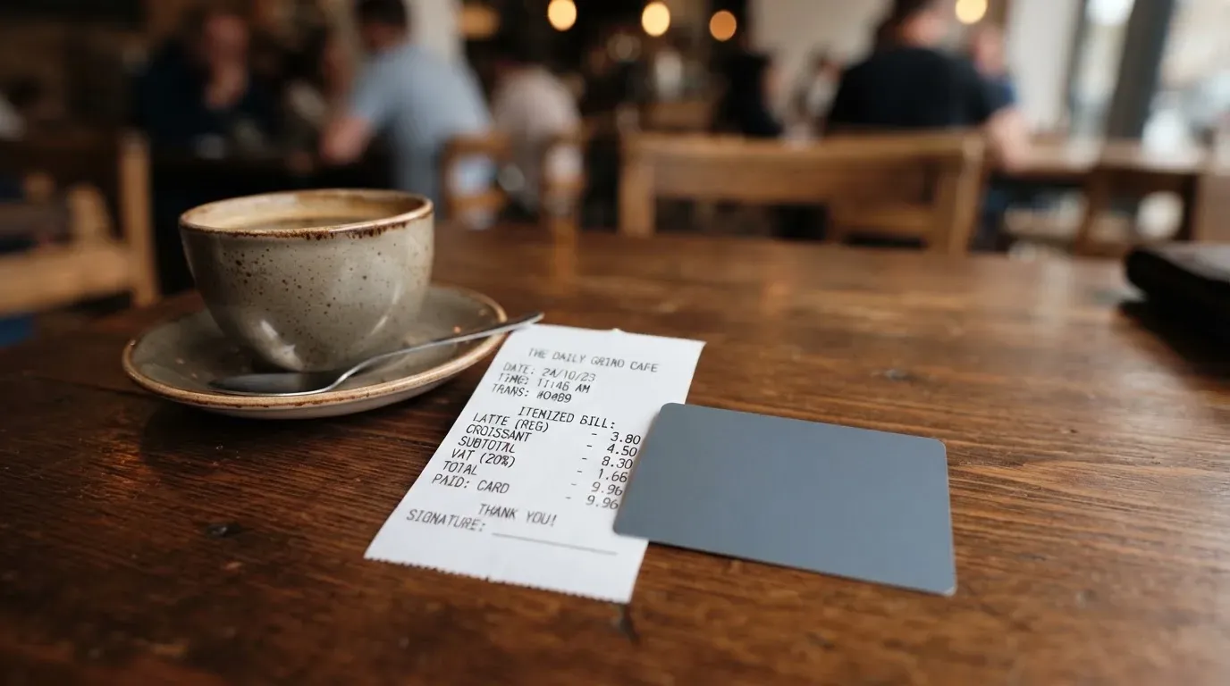 A receipt and a card on a café table