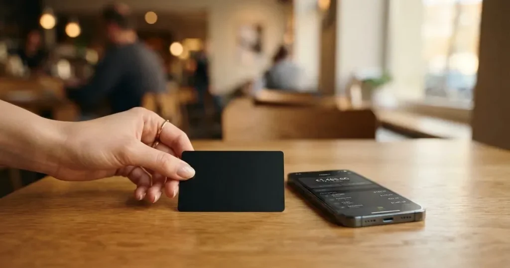 A payment card next to a phone with a crypto wallet app open