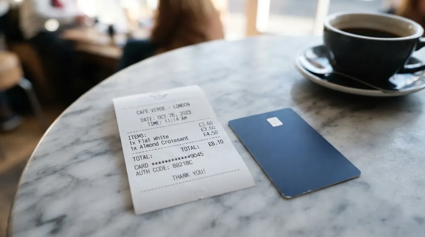 A receipt and a card on a café table