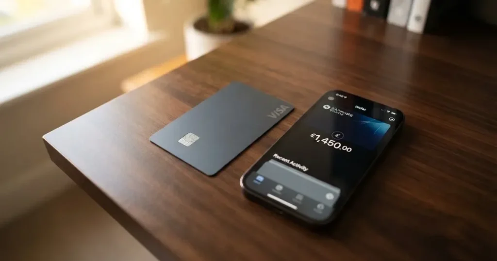 A payment card next to a phone with a crypto wallet app open