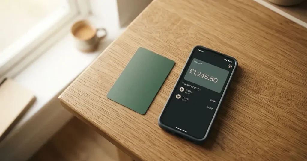 A payment card next to a phone with a crypto wallet app open
