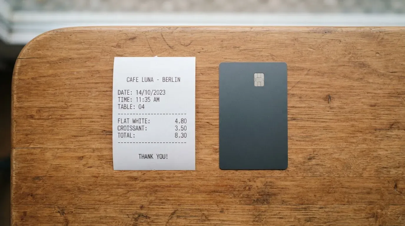 A receipt and a card on a café table