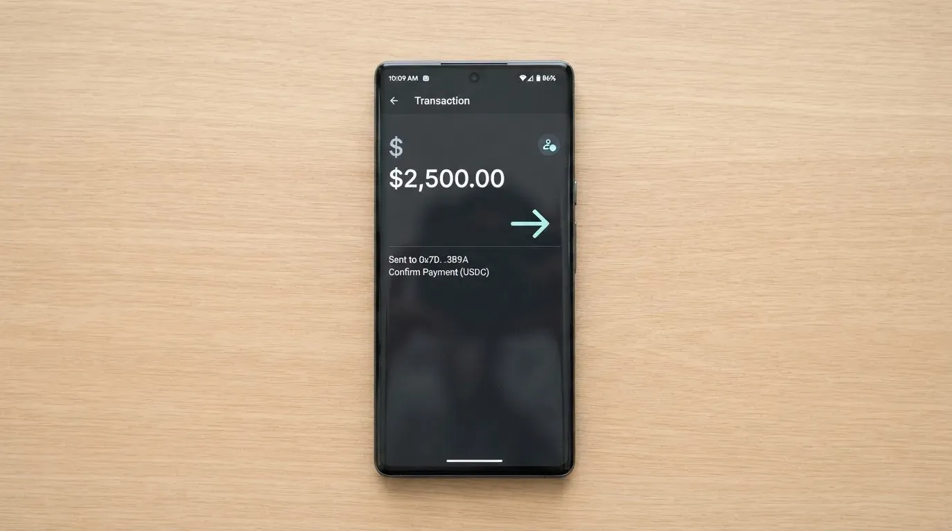 A phone showing a stablecoin transfer screen