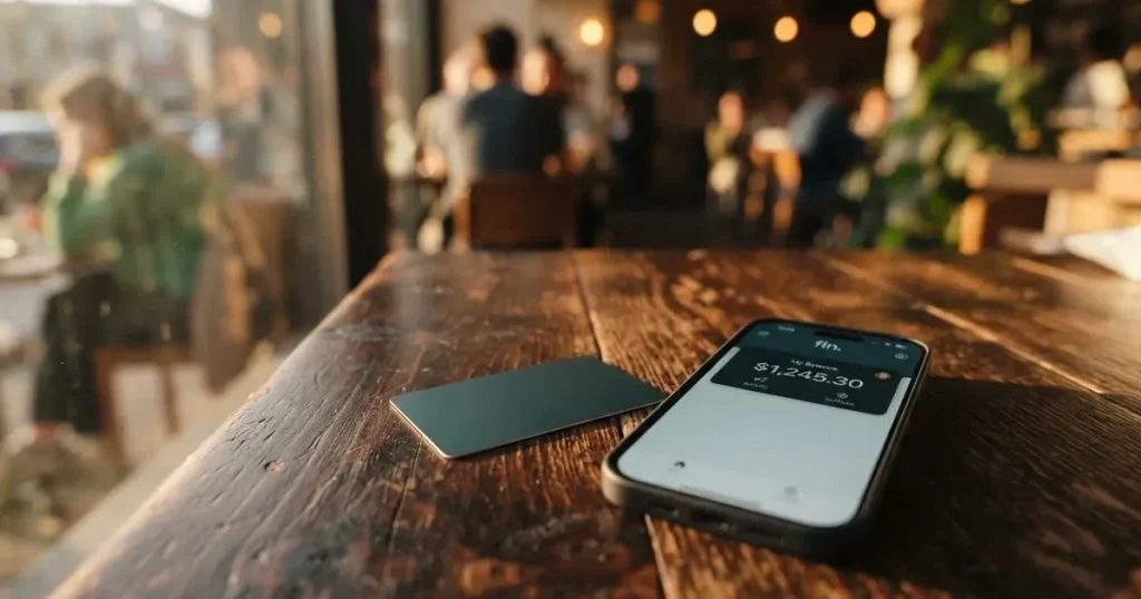 A payment card next to a phone with a crypto wallet app open