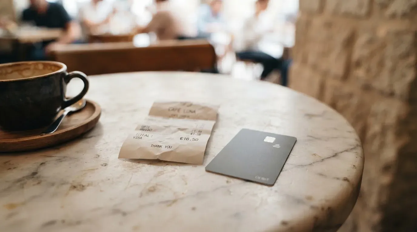 A receipt and a card on a café table