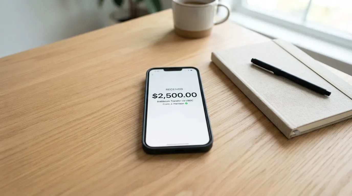 A phone showing a stablecoin transfer screen